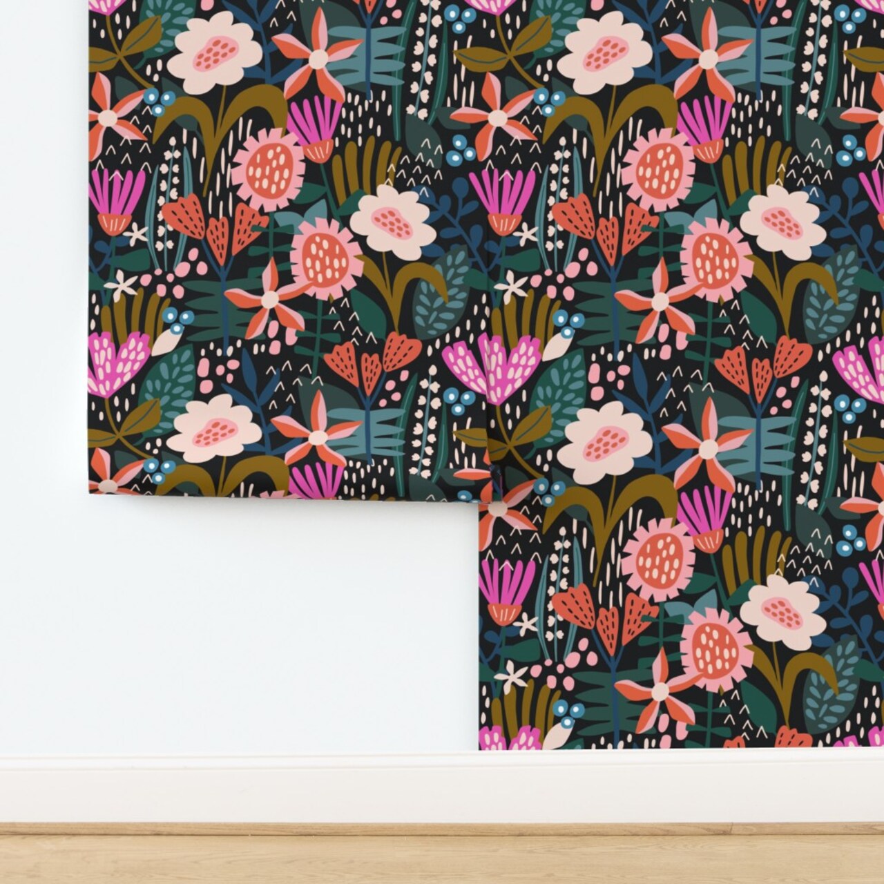 Whimsical Floral Modern Botanical Fairy Garden Flowers Maximalist Pink Blue Dots Contemporary Custom Removable Wallpaper by Spoonflower Peel & Stick Wallpaper 2FT Wide